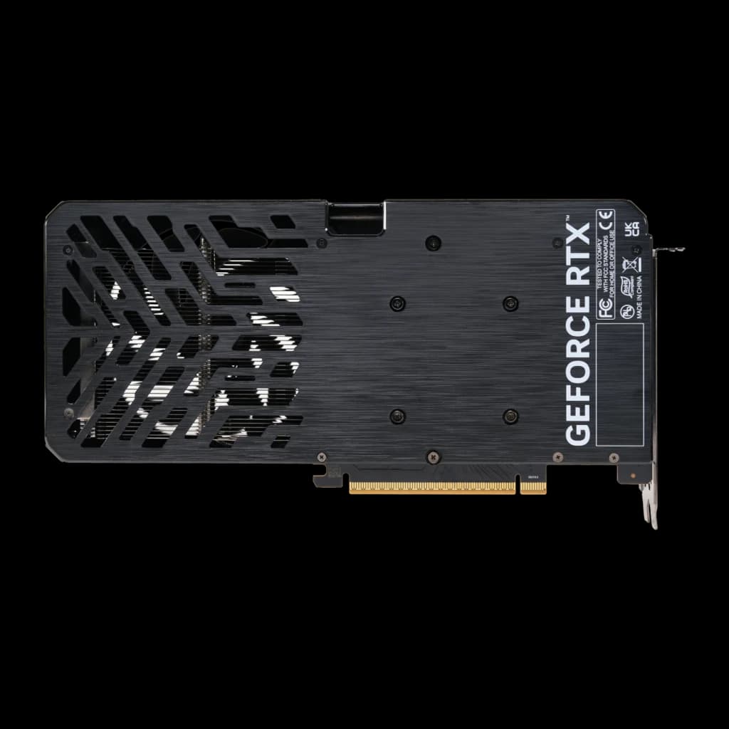 Palit GeForce RTX 5060 Infinity 2 OC 8GB negro, reverso: backplate metálico cepillado con calados en chevron y conector PCIe