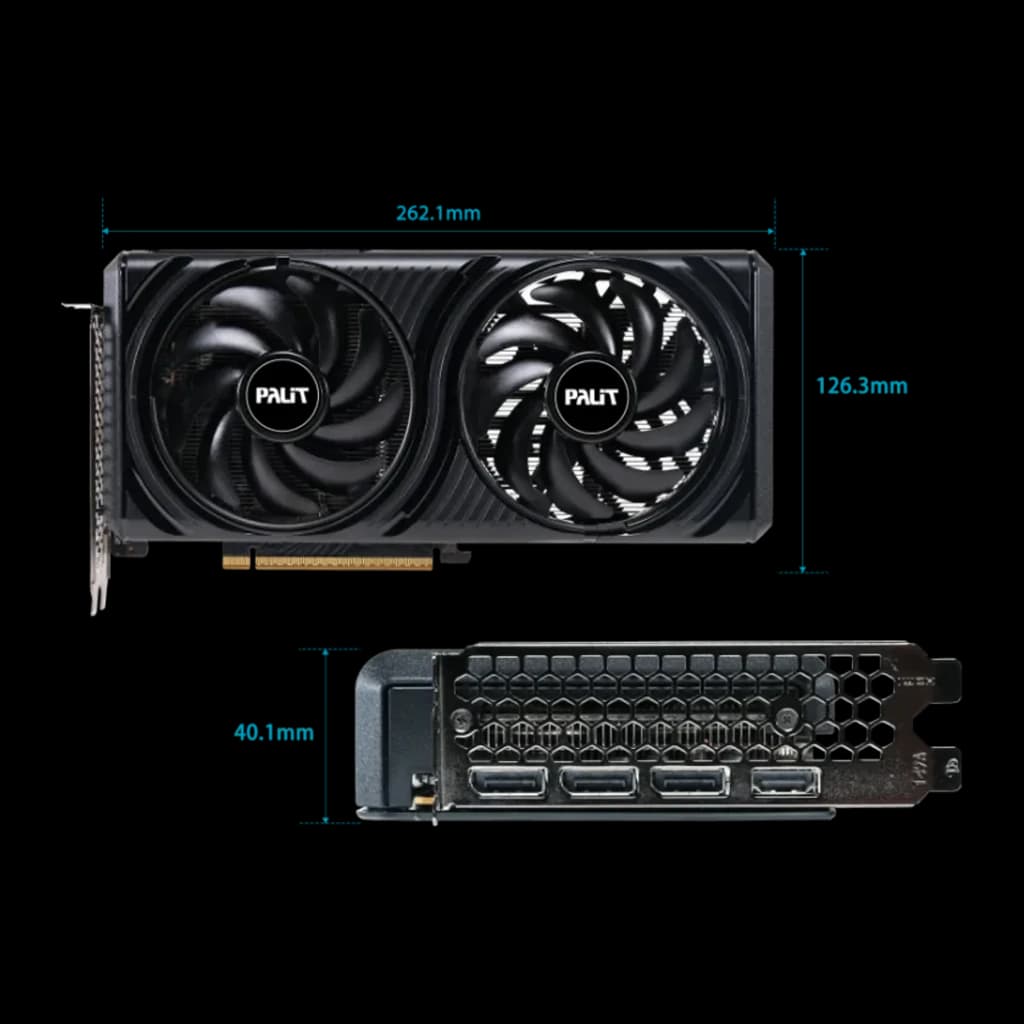 Palit GeForce RTX 5060 Infinity 2 OC 8GB negro, dimensiones: vista superior con doble ventilador y lateral con puertos