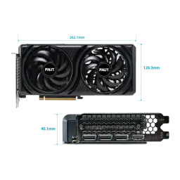Palit GeForce RTX 5060 Infinity 2 OC 8GB negro, dimensiones: vista superior con doble ventilador y lateral con puertos