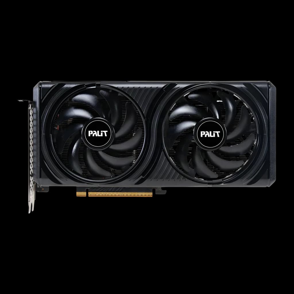 Palit RTX 5060 Infinity 2 OC 8GB negra, vista frontal: dos ventiladores con logo Palit y conector PCIe dorado
