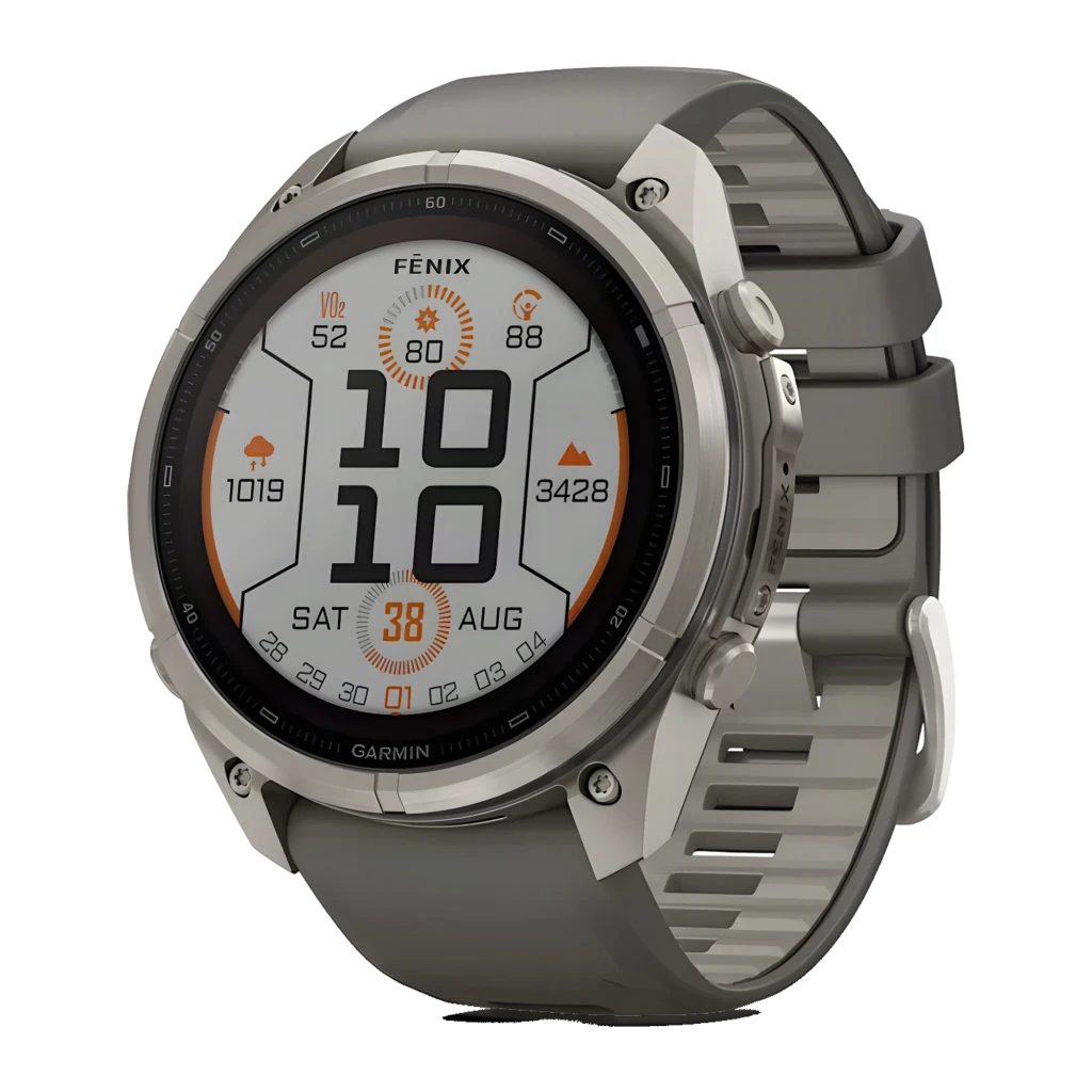 Garmin Fenix 9 51mm AMOLED Sapphire Titanium 64GB Pebble Gray, vista frontal en ángulo: pantalla AMOLED con hora, fecha - Ítem1