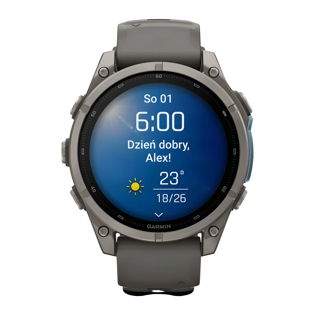 Garmin Fenix 9 51mm AMOLED Sapphire Titanium 64GB Pebble Gray, vista frontal en ángulo: pantalla AMOLED con hora, fecha - Ítem3