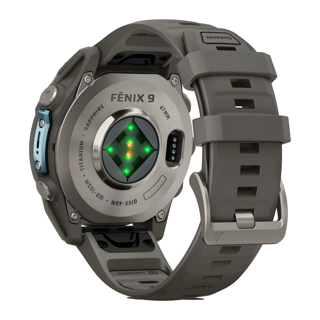Garmin Fenix 9 51mm AMOLED Sapphire Titanium 64GB Pebble Gray, vista frontal en ángulo: pantalla AMOLED con hora, fecha - Ítem4