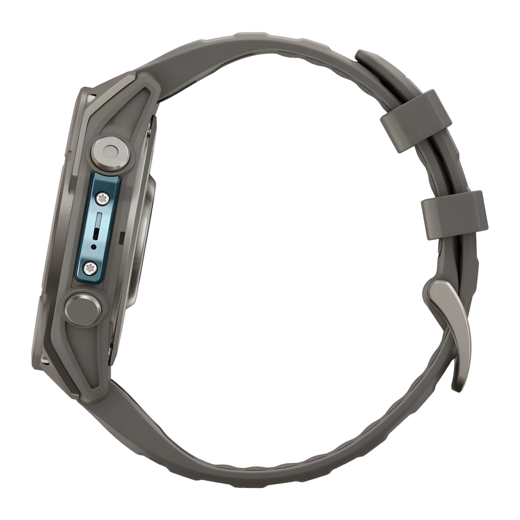 Garmin Fenix 9 51mm AMOLED Sapphire Titanium 64GB Pebble Gray, vista frontal en ángulo: pantalla AMOLED con hora, fecha - Ítem5
