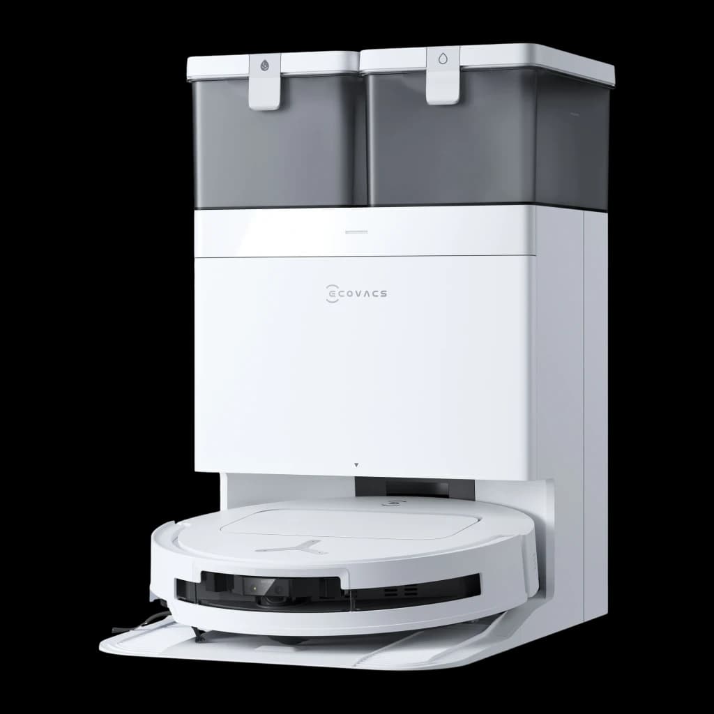 Ecovacs Deebot T50 Pro Omni Gen 2 blanco, vista frontal en ángulo: robot acoplado en base con dos depósitos grises y logo