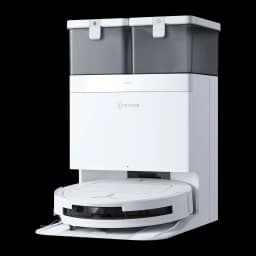 Ecovacs Deebot T50 Pro Omni Gen 2 blanco, vista frontal en ángulo: robot acoplado en base con dos depósitos grises y logo