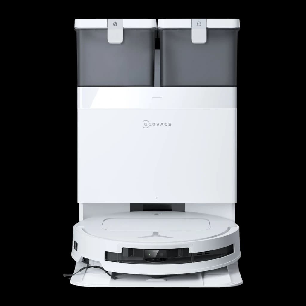 Ecovacs Deebot T50 Pro Omni Gen 2 blanco, vista frontal: robot en base con dos depósitos grises de agua limpia y sucia