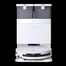 Ecovacs Deebot T50 Pro Omni Gen 2 blanco, vista frontal: robot en base con dos depósitos grises de agua limpia y sucia