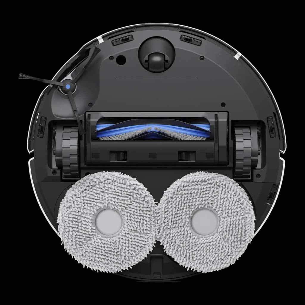 Ecovacs Deebot T50 Pro Omni Gen 2 Blanco, vista inferior: dos mopas de microfibra, cepillo principal azul y ruedas