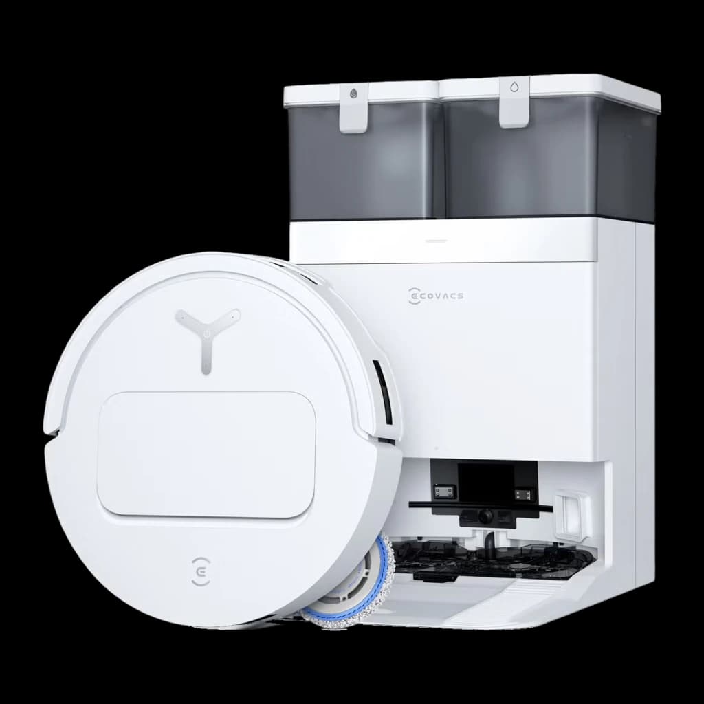 Ecovacs Deebot T50 Pro Omni Gen 2 blanco, vista lateral: robot aspirador y base de vaciado con depósitos grises visibles