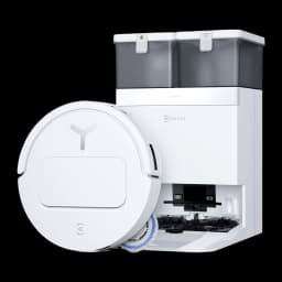 Ecovacs Deebot T50 Pro Omni Gen 2 blanco, vista lateral: robot aspirador y base de vaciado con depósitos grises visibles
