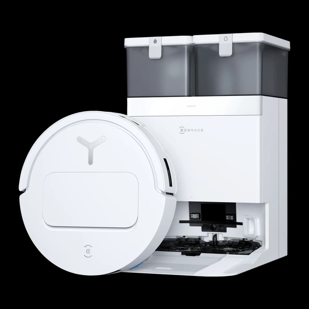 Ecovacs Deebot T50 Pro Omni Gen 2 blanco, vista separada: robot extraído mostrando tapa superior y base con interior