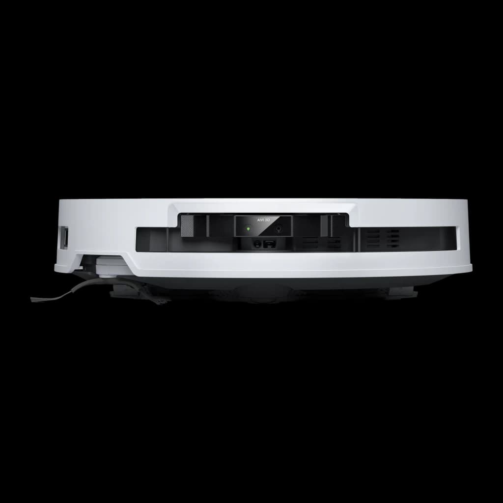 Ecovacs Deebot T50 Pro Omni Gen 2 blanco, vista lateral: sensor frontal con LED verde y cepillo lateral visibles