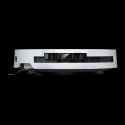 Ecovacs Deebot T50 Pro Omni Gen 2 blanco, vista lateral: sensor frontal con LED verde y cepillo lateral visibles