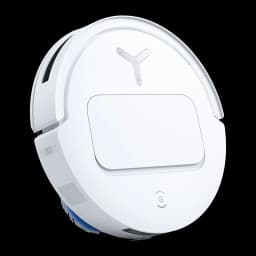 Ecovacs Deebot T50 Pro Omni Gen 2 blanco, vista lateral superior: cuerpo redondo, botón central y cepillo lateral azul