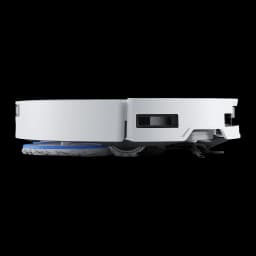 Ecovacs Deebot T50 Pro Omni Gen 2 blanco, vista lateral: fregona rotatoria azul, ruedas y sensor lateral visibles