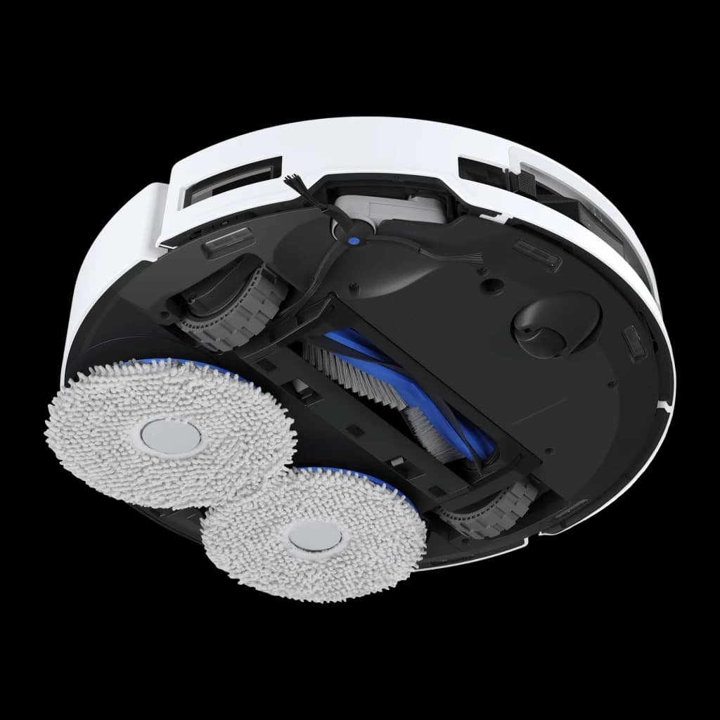 Ecovacs Deebot T50 Pro Omni Gen 2 blanco, vista inferior: dos mopas circulares, cepillo central y ruedas