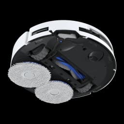 Ecovacs Deebot T50 Pro Omni Gen 2 blanco, vista inferior: dos mopas circulares, cepillo central y ruedas