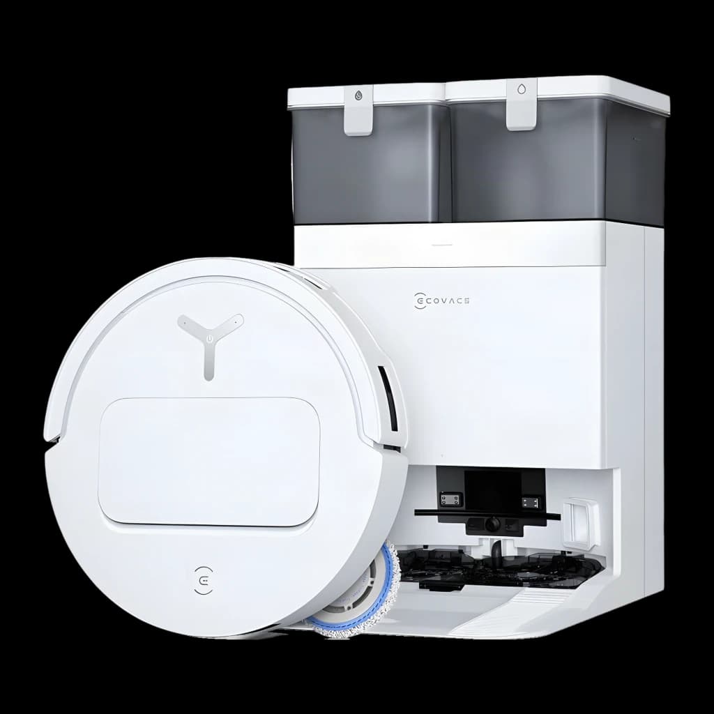 Ecovacs Deebot T50 Pro Omni Gen 2 blanco, vista frontal: robot aspirador y base Omni con depósitos grises y mopas azules