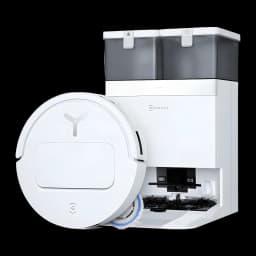 Ecovacs Deebot T50 Pro Omni Gen 2 blanco, vista frontal: robot aspirador y base Omni con depósitos grises y mopas azules