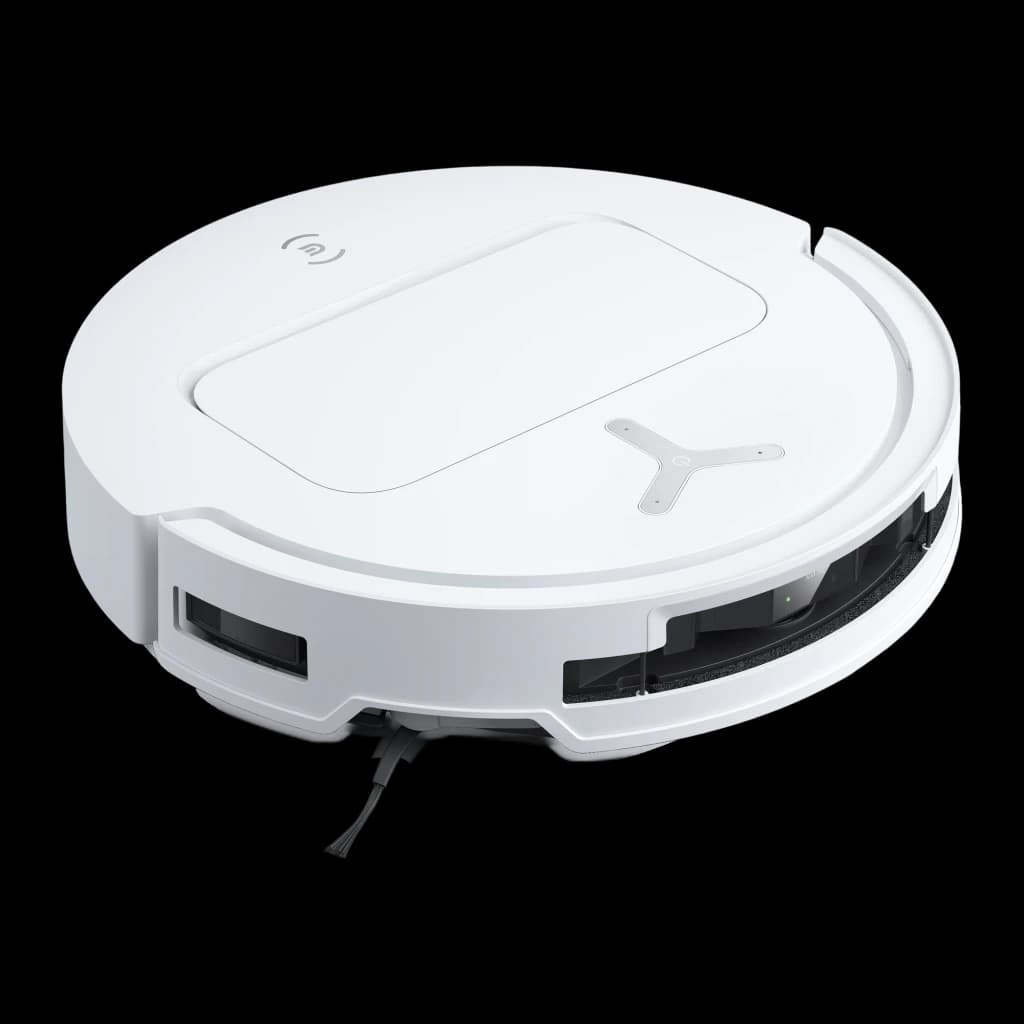 Ecovacs Deebot T50 Pro Omni Gen 2 blanco, vista superior frontal: cuerpo redondo, sensor táctil, mopa y cepillo lateral