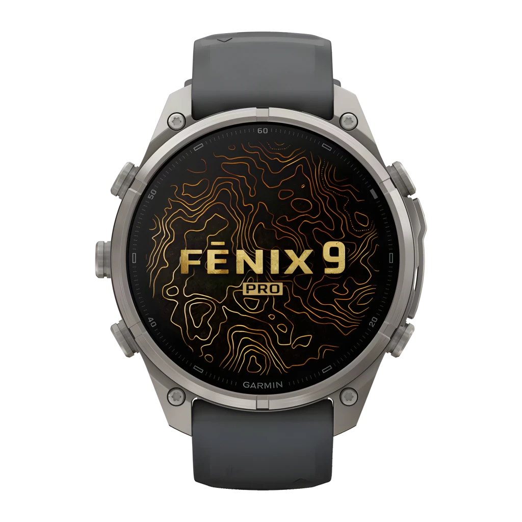 Garmin Fenix 9 Pro 47mm 64GB Grafito/Negro, vista en ángulo: pantalla AMOLED encendida con datos, caja titanio y correa - Ítem1