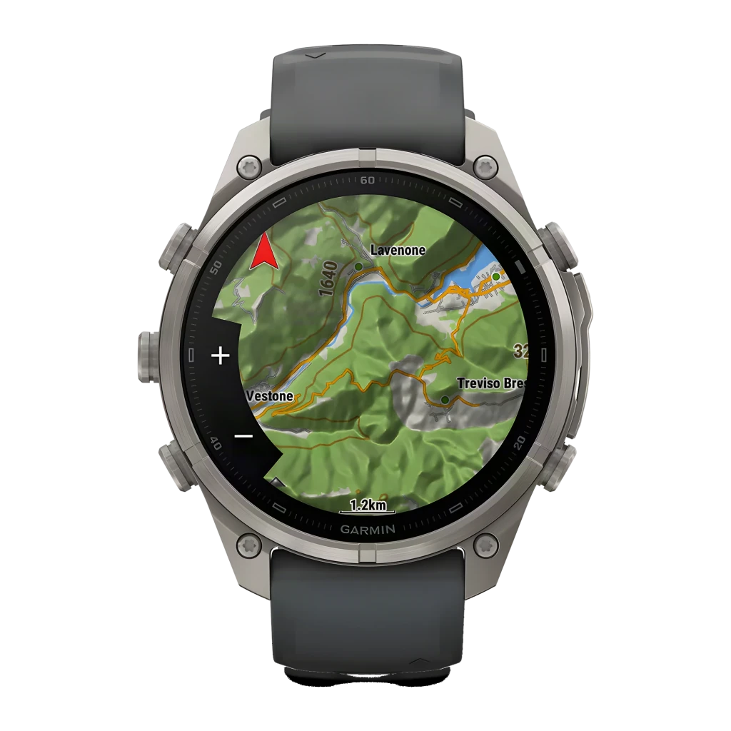 Garmin Fenix 9 Pro 47mm 64GB Grafito/Negro, vista en ángulo: pantalla AMOLED encendida con datos, caja titanio y correa - Ítem3