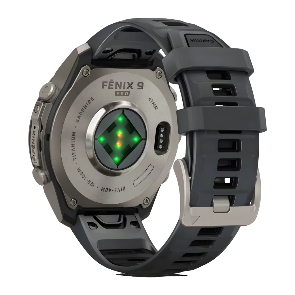 Garmin Fenix 9 Pro 47mm Titanio con correa grafito/negro, vista frontal en ángulo: pantalla AMOLED con hora y métricas - Ítem10