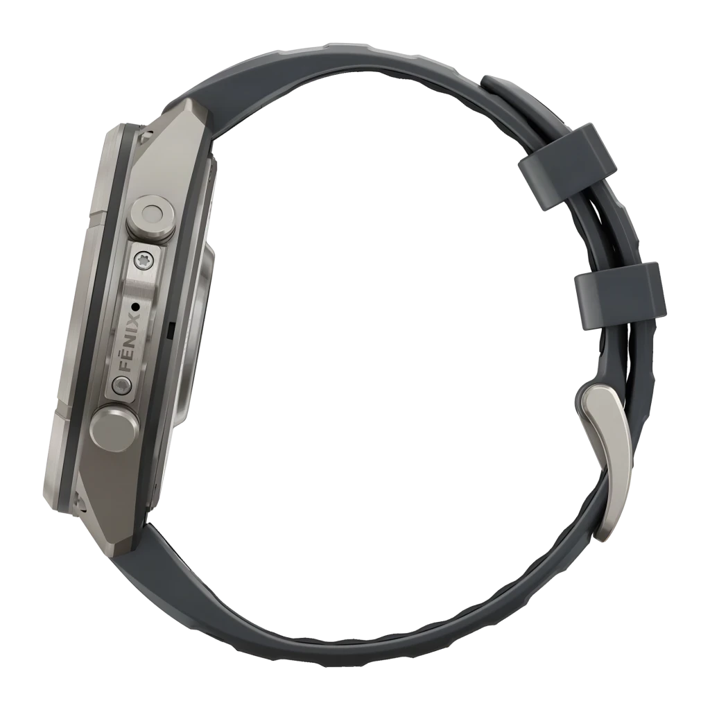 Garmin Fenix 9 Pro 47mm Titanio con correa grafito/negro, vista frontal en ángulo: pantalla AMOLED con hora y métricas - Ítem11