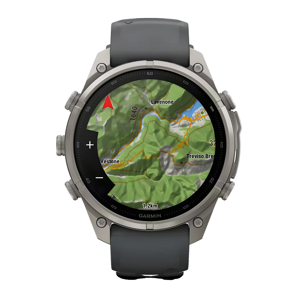 Garmin Fenix 9 Pro 47mm Titanio con correa grafito/negro, vista frontal en ángulo: pantalla AMOLED con hora y métricas - Ítem12