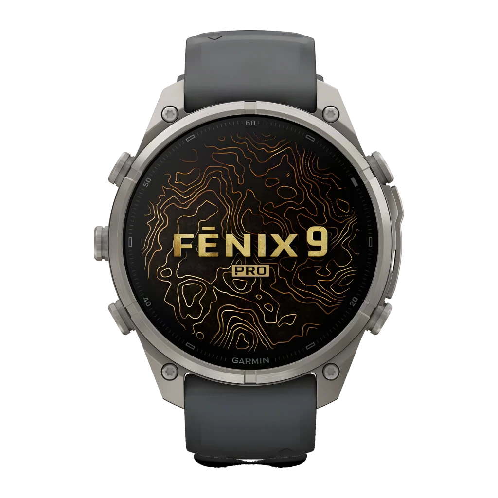 Garmin Fenix 9 Pro 47mm Titanio con correa grafito/negro, vista frontal en ángulo: pantalla AMOLED con hora y métricas - Ítem1