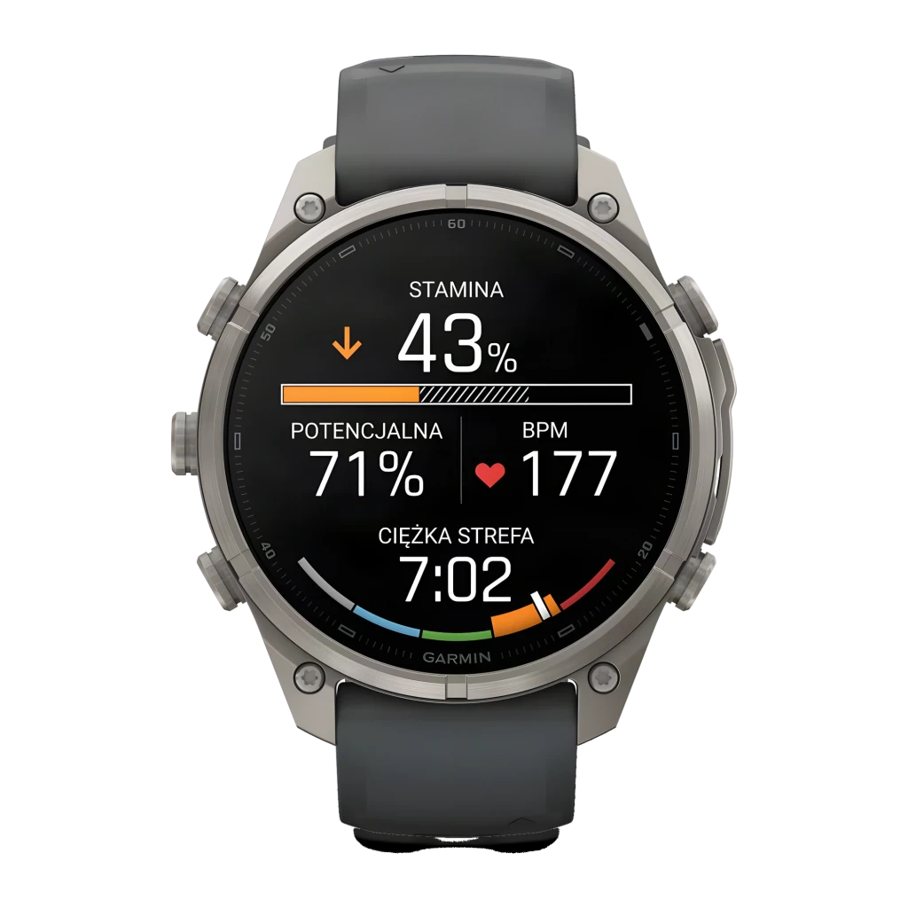 Garmin Fenix 9 Pro 47mm Titanio con correa grafito/negro, vista frontal en ángulo: pantalla AMOLED con hora y métricas - Ítem2