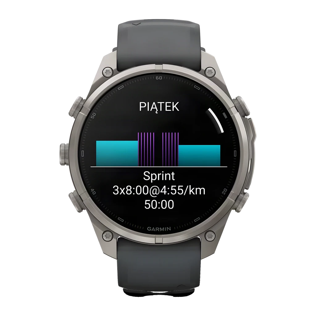 Garmin Fenix 9 Pro 47mm Titanio con correa grafito/negro, vista frontal en ángulo: pantalla AMOLED con hora y métricas - Ítem6