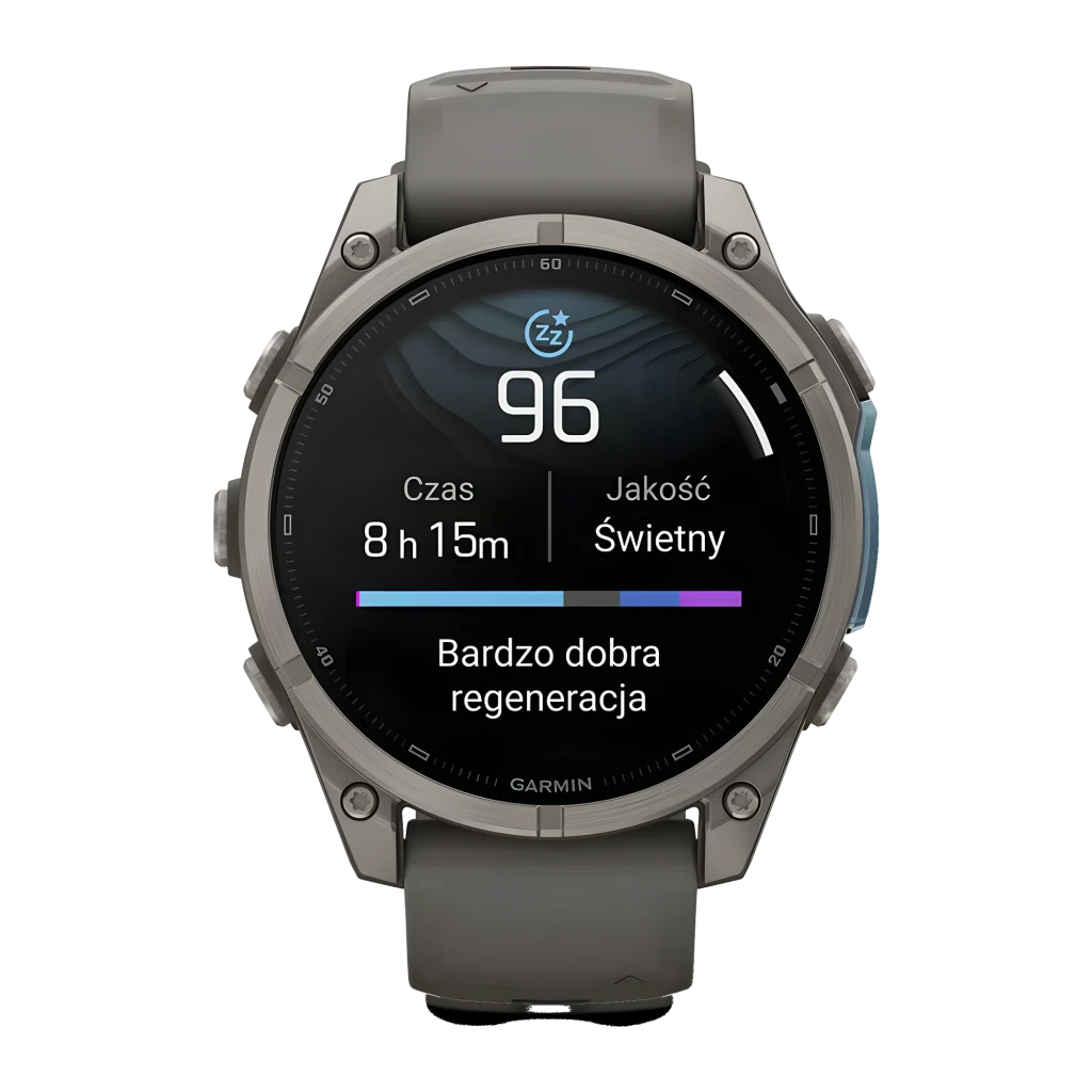 Garmin fenix 9 47mm AMOLED gris, vista en ángulo: pantalla AMOLED encendida con hora, altitud y pasos visibles, caja titanio - Ítem1