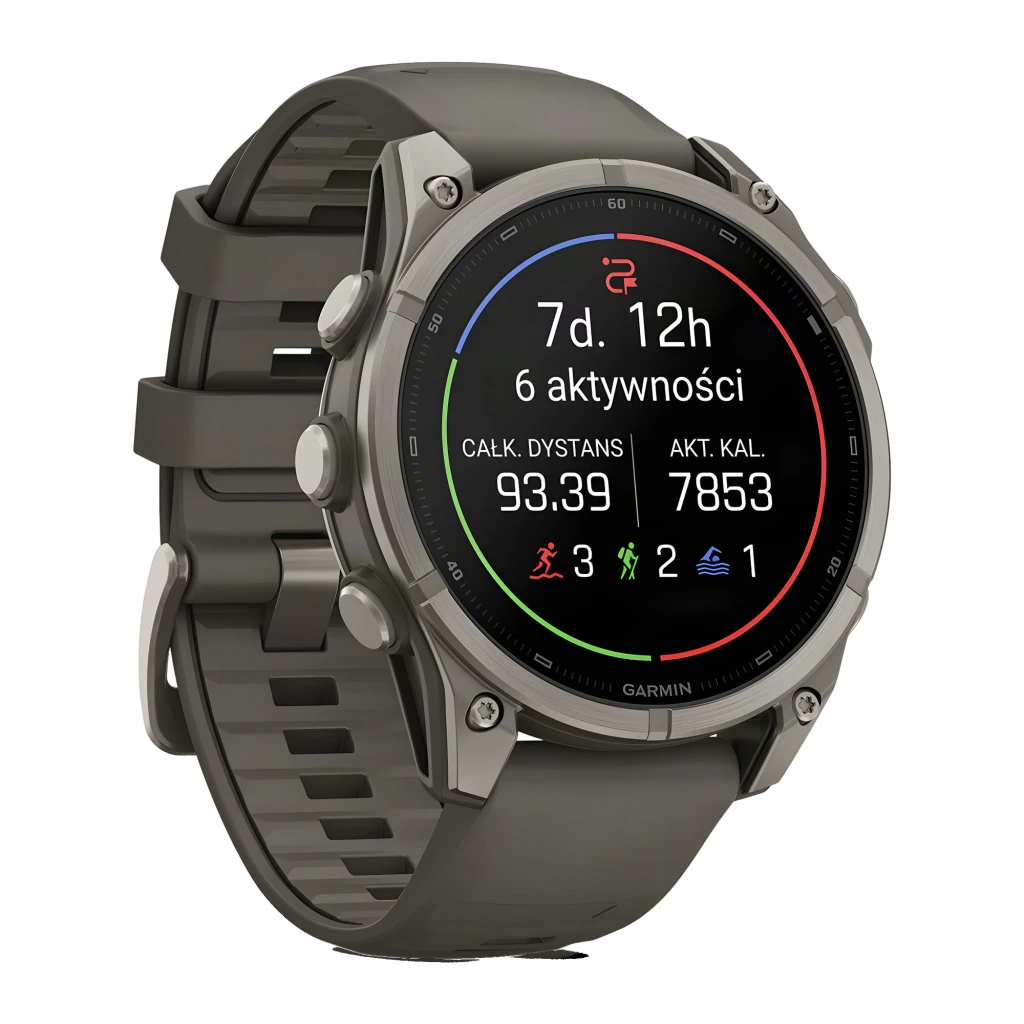 Garmin fenix 9 47mm AMOLED gris, vista en ángulo: pantalla AMOLED encendida con hora, altitud y pasos visibles, caja titanio - Ítem3