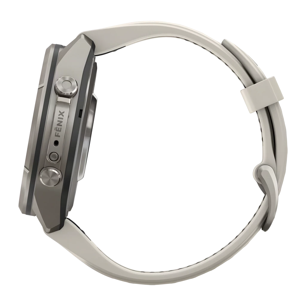Garmin Fenix 9 Pro 43mm gris, vista frontal en ángulo: pantalla AMOLED con métricas activas, caja titanio y correa gris - Ítem1