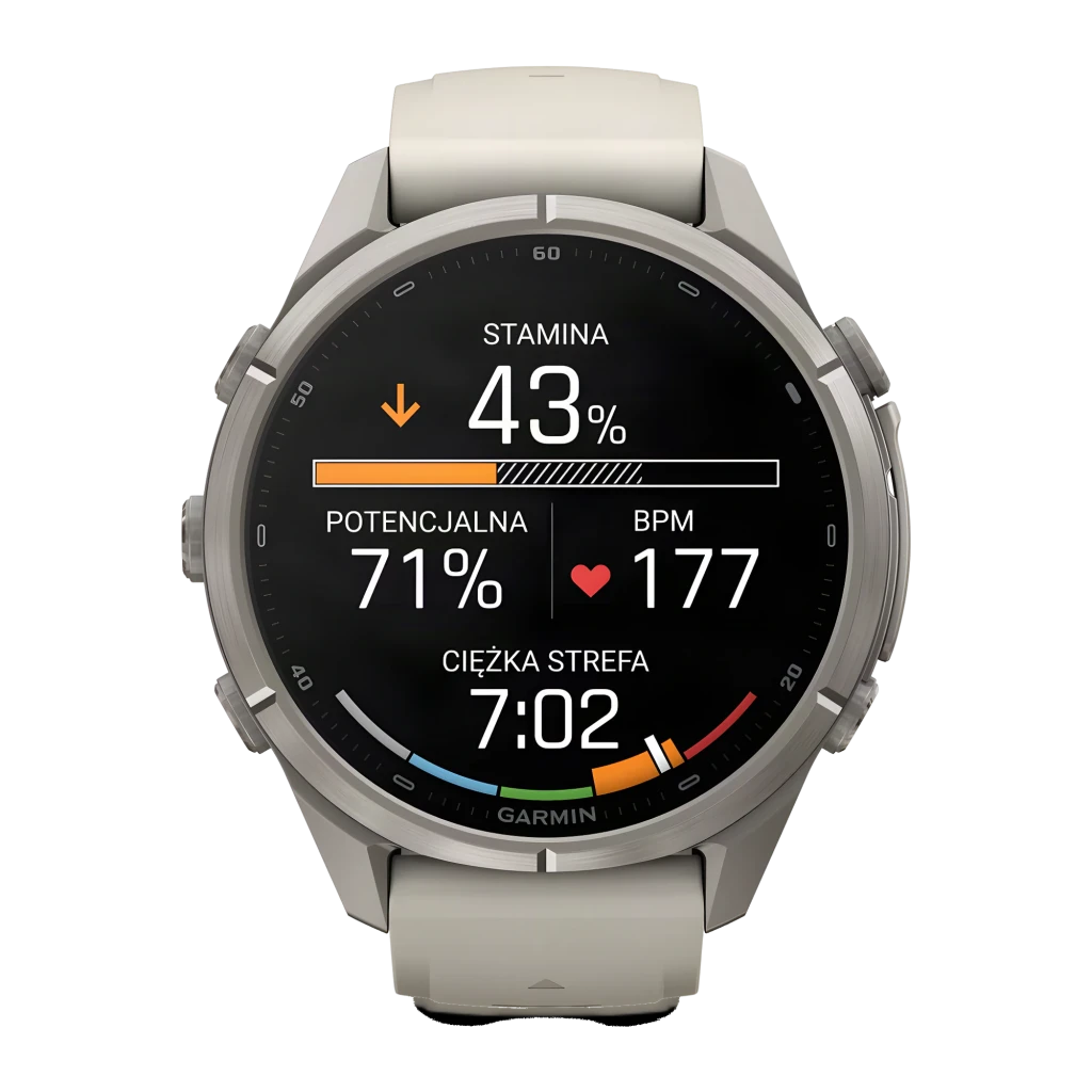 Garmin Fenix 9 Pro 43mm gris, vista frontal en ángulo: pantalla AMOLED con métricas activas, caja titanio y correa gris - Ítem2