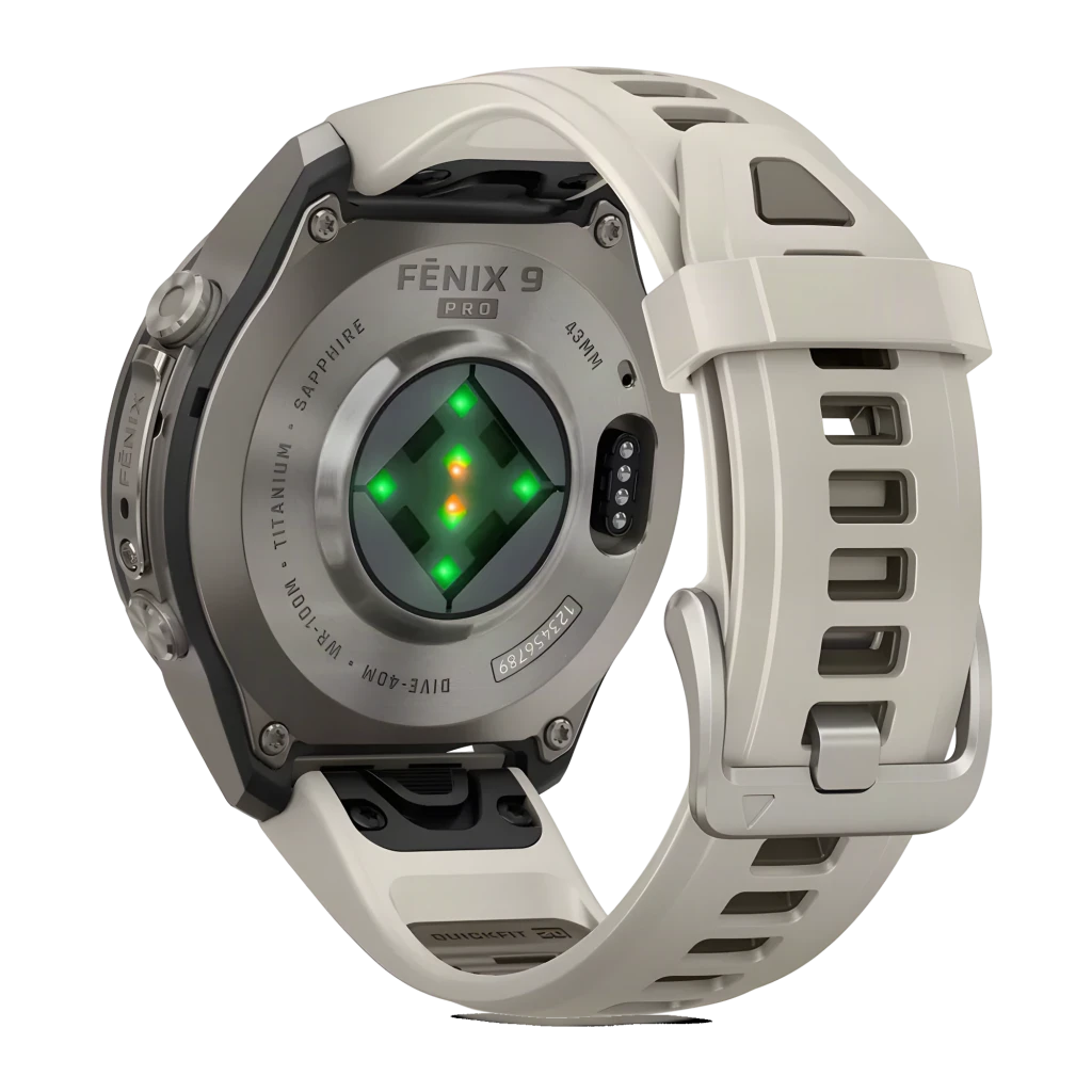 Garmin Fenix 9 Pro 43mm gris, vista frontal en ángulo: pantalla AMOLED con métricas activas, caja titanio y correa gris - Ítem3