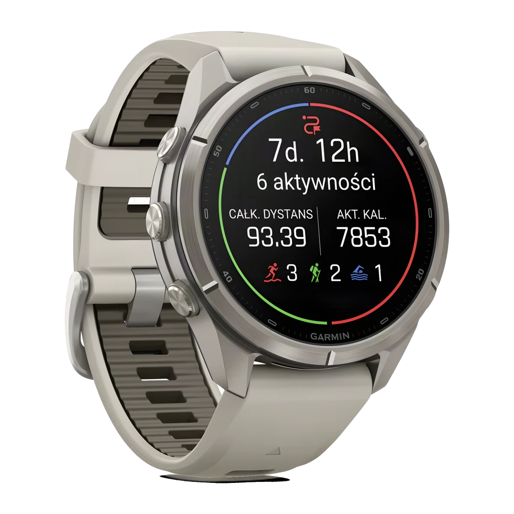 Garmin Fenix 9 Pro 43mm gris, vista frontal en ángulo: pantalla AMOLED con métricas activas, caja titanio y correa gris - Ítem4