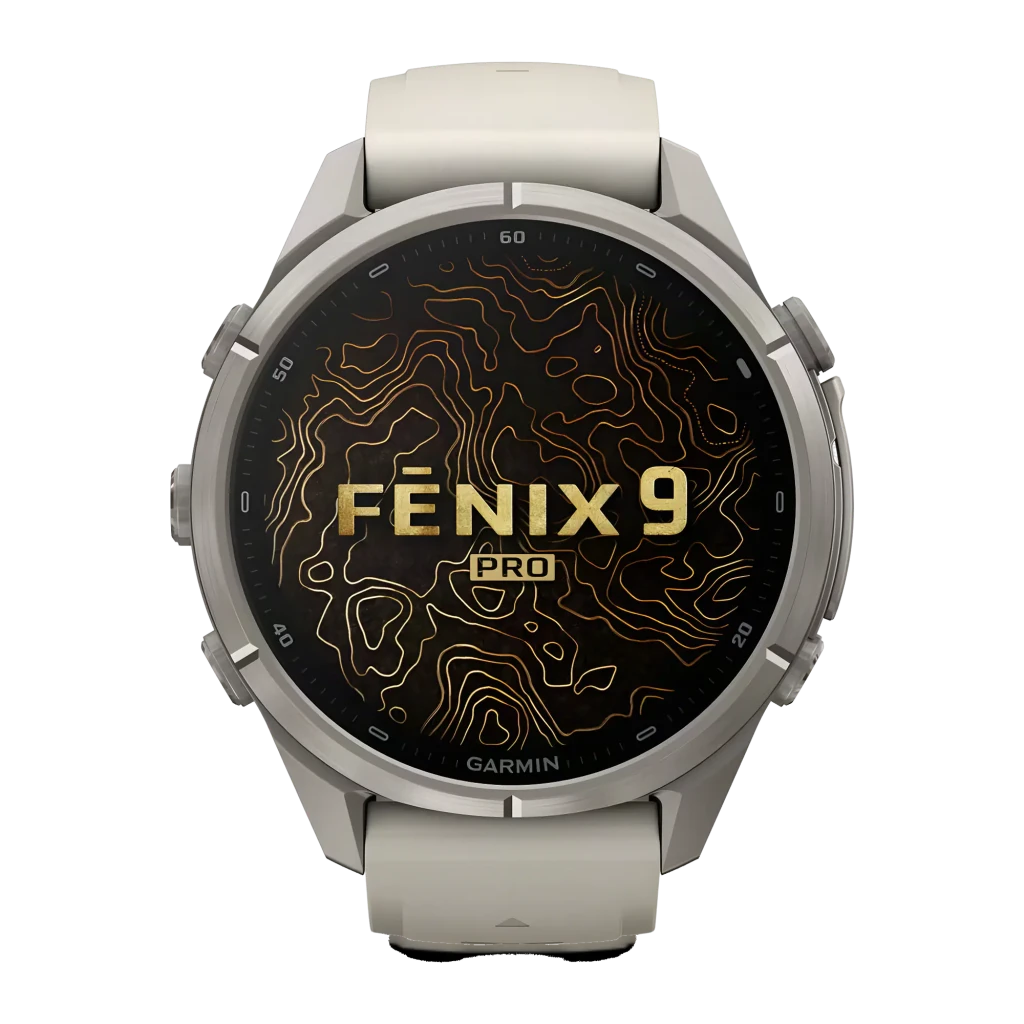 Garmin Fenix 9 Pro 43mm gris, vista frontal en ángulo: pantalla AMOLED con métricas activas, caja titanio y correa gris - Ítem5