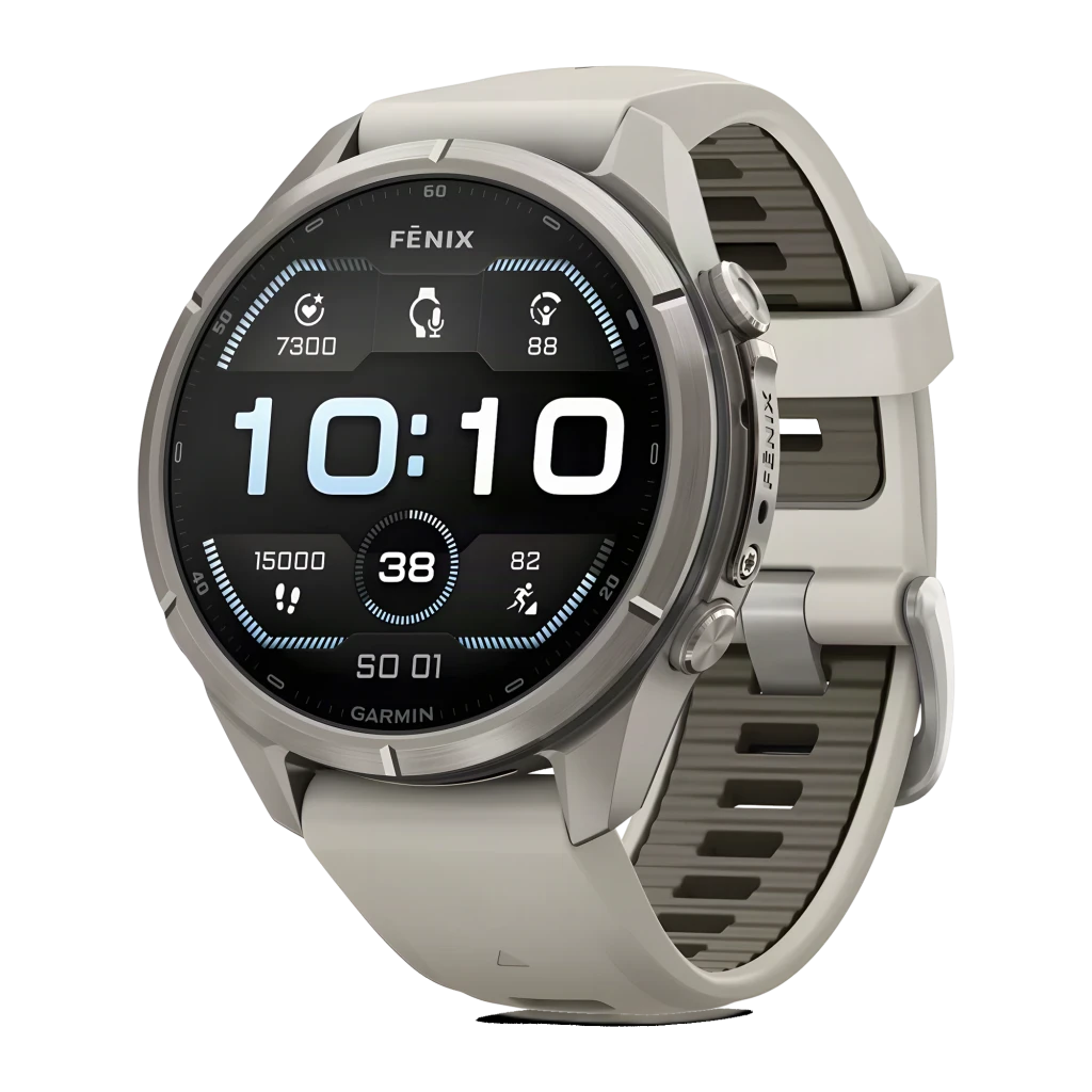 Garmin Fenix 9 Pro 43mm gris, vista frontal en ángulo: pantalla AMOLED con métricas activas, caja titanio y correa gris - Ítem6