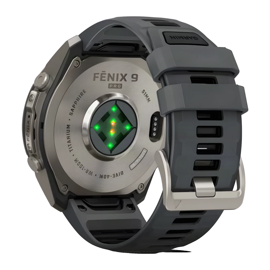 Garmin Fenix 9 Pro 51mm 64GB gris, vista frontal en ángulo: pantalla AMOLED con métricas deportivas, caja titanio y correa - Ítem4
