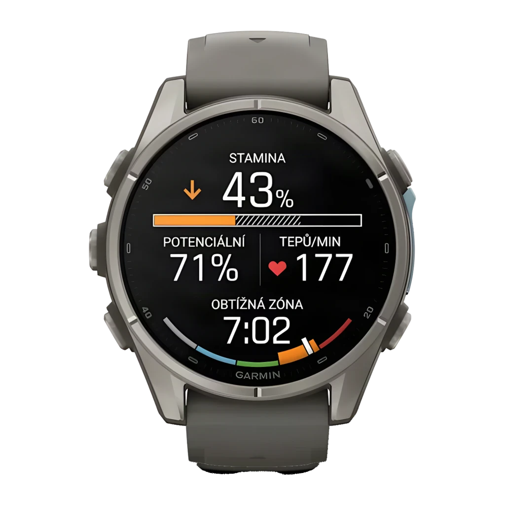 Garmin Fenix 9 43mm AMOLED Sapphire Titanium Pebble Gray 64GB, vista frontal: pantalla con mapa topográfico dorado y texto - Ítem1