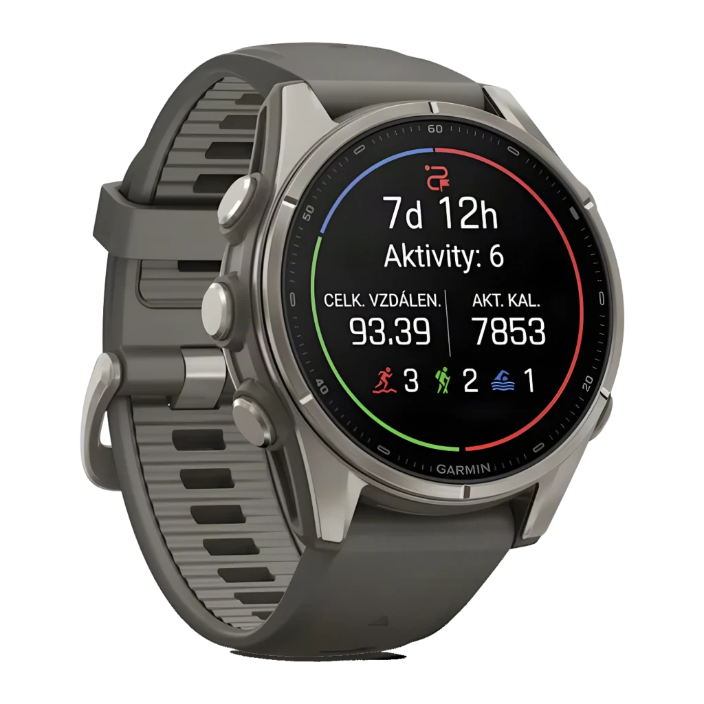 Garmin Fenix 9 43mm AMOLED Sapphire Titanium Pebble Gray 64GB, vista frontal: pantalla con mapa topográfico dorado y texto - Ítem2