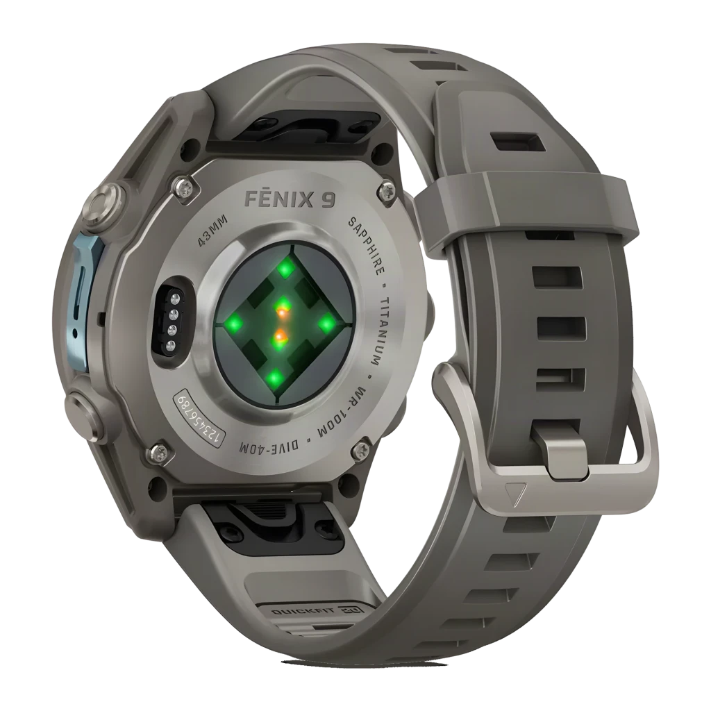 Garmin Fenix 9 43mm AMOLED Sapphire Titanium Pebble Gray 64GB, vista frontal: pantalla con mapa topográfico dorado y texto - Ítem4