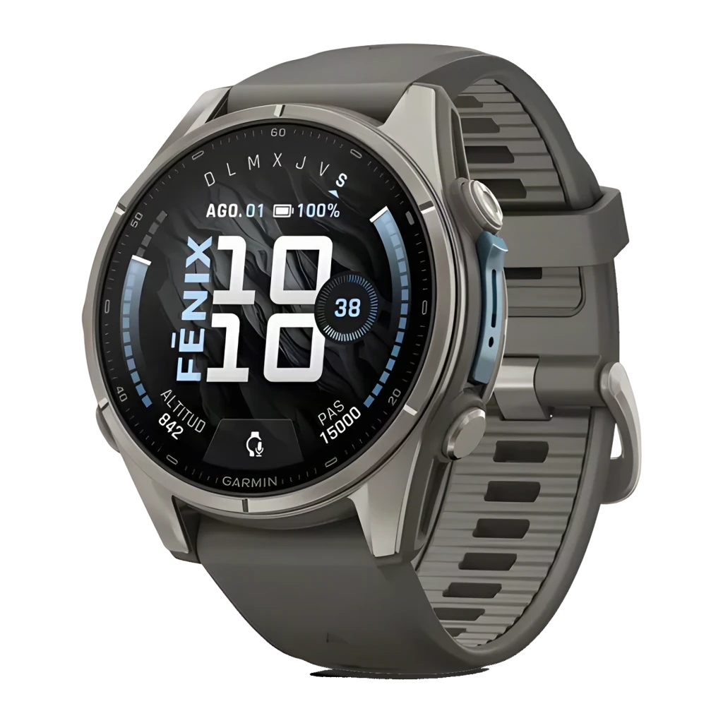Garmin Fenix 9 43mm AMOLED Sapphire Titanium Pebble Gray 64GB, vista frontal: pantalla con mapa topográfico dorado y texto - Ítem5