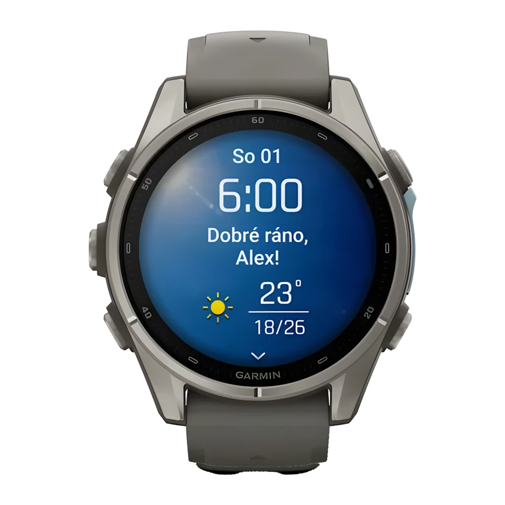 Garmin Fenix 9 43mm AMOLED Sapphire Titanium Pebble Gray 64GB, vista frontal: pantalla con mapa topográfico dorado y texto - Ítem6