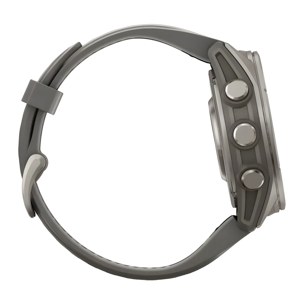 Garmin Fenix 9 43mm AMOLED Sapphire Titanium Pebble Gray 64GB, vista frontal: pantalla con mapa topográfico dorado y texto - Ítem7