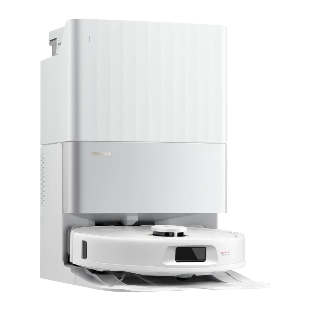 Roborock Robot aspirador Qrevo C Blanco, vista frontal derecha: robot en base de autovaciado, sensor láser y mopa visibles - Ítem1