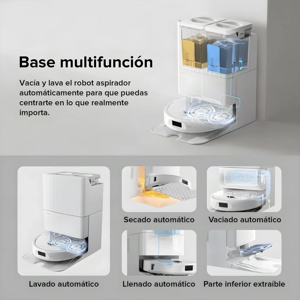 Roborock Robot aspirador Qrevo C Blanco, vista frontal derecha: robot en base de autovaciado, sensor láser y mopa visibles - Ítem8
